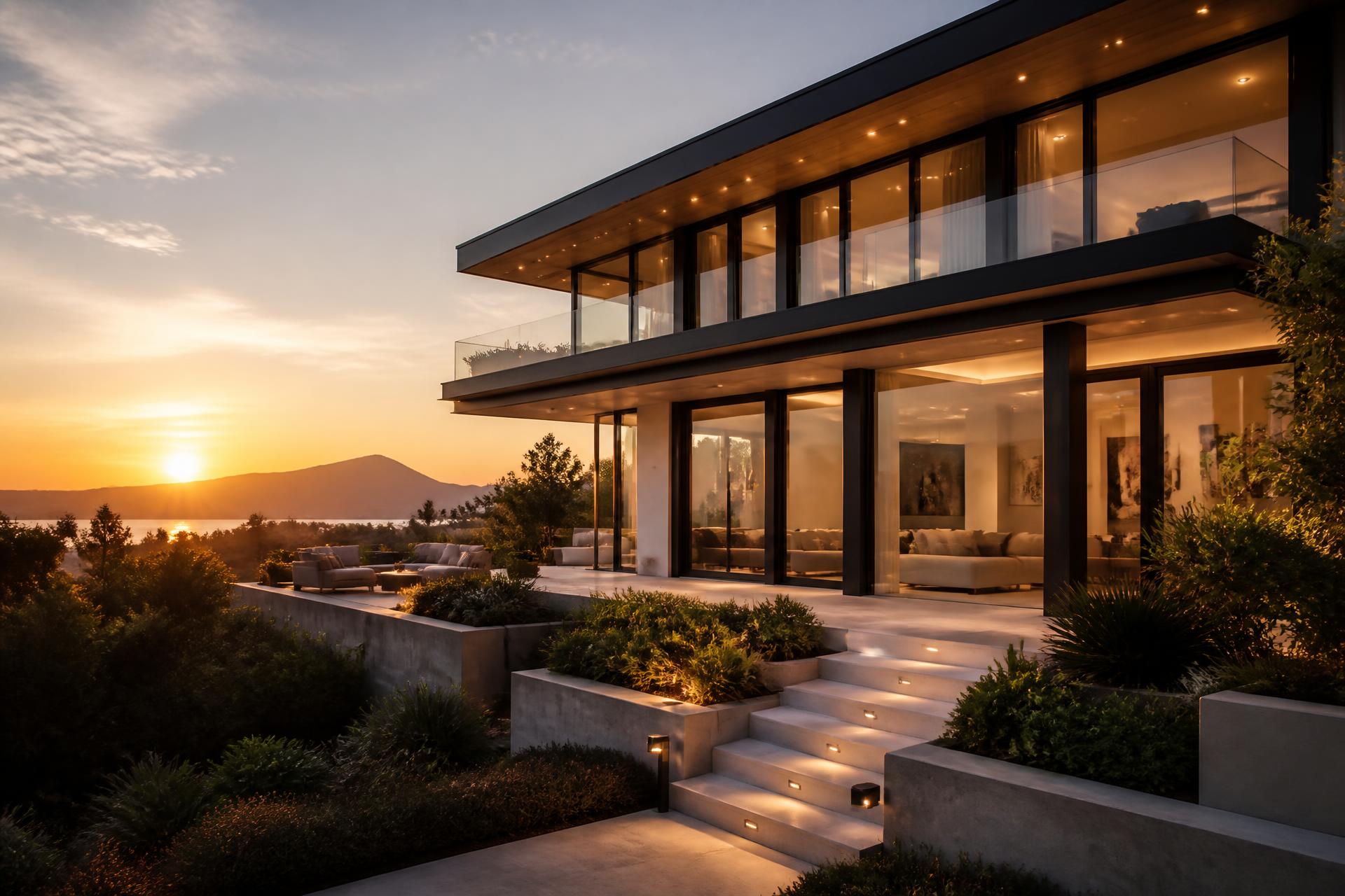 Modern luxury hillside home with floor-to-ceiling glass, lit warmly at golden hour